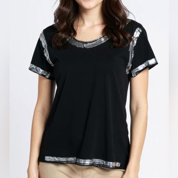 Made In Italy Black Shimmery Silver Trimmed V-Neck Top Size M - Picture 1 of 6